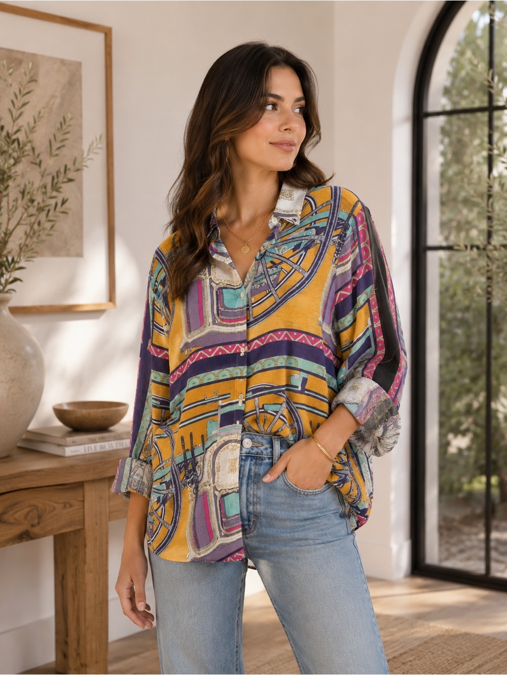 ShopEvelynne Mustard & Purple Multi-Print Button Down Shirt